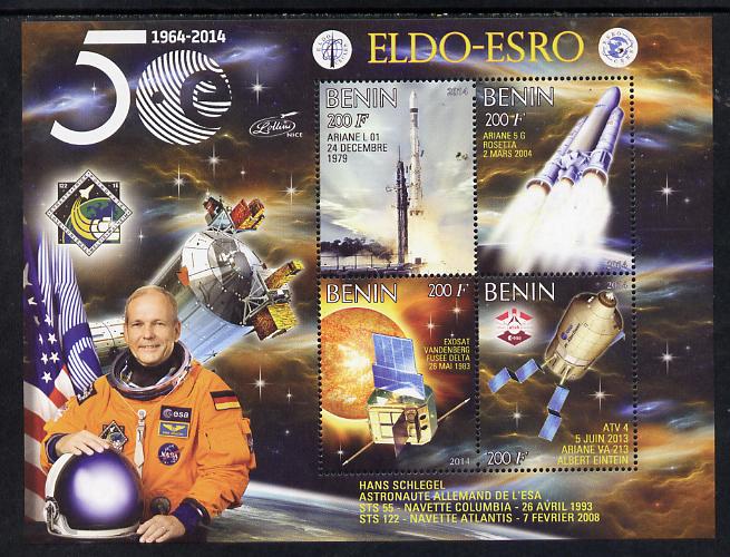 Benin 2014 European Space Research Organisation - Hans Schlegel perf sheetlet containing 4 values unmounted mint, stamps on space, stamps on personalities, stamps on rockets, stamps on satellites