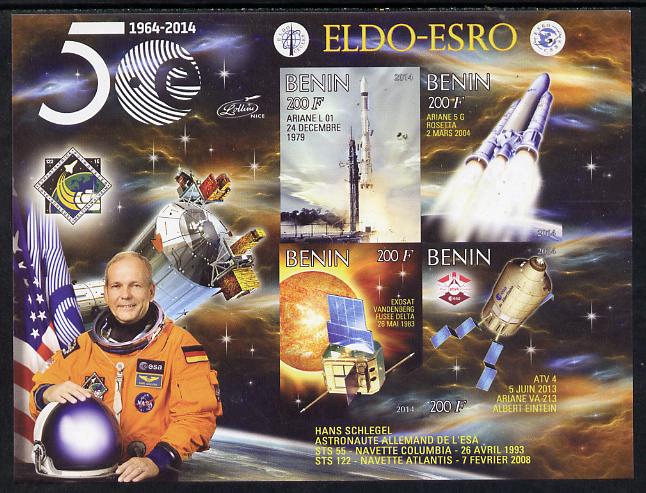 Benin 2014 European Space Research Organisation - Hans Schlegel imperf sheetlet containing 4 values unmounted mint, stamps on space, stamps on personalities, stamps on rockets, stamps on satellites