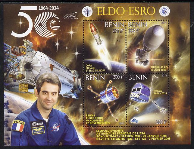 Benin 2014 European Space Research Organisation - Leopold Eyhart perf sheetlet containing 4 values unmounted mint, stamps on , stamps on  stamps on space, stamps on  stamps on personalities, stamps on  stamps on rockets, stamps on  stamps on satellites