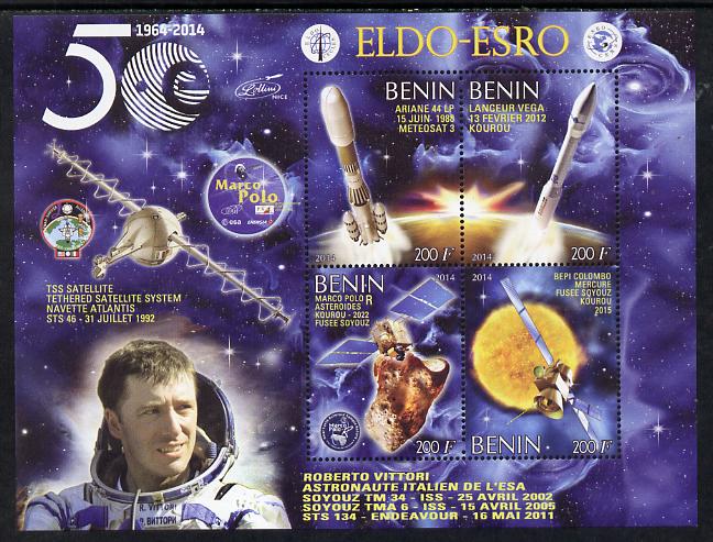 Benin 2014 European Space Research Organisation - Roberto Vittori perf sheetlet containing 4 values unmounted mint, stamps on space, stamps on personalities, stamps on rockets, stamps on satellites