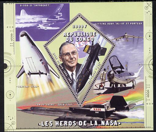 Congo 2014 Heroes of NASA - Hugh Dryden perf sheetlet containing 4 values unmounted mint, stamps on space, stamps on personalities, stamps on rockets, stamps on satellites