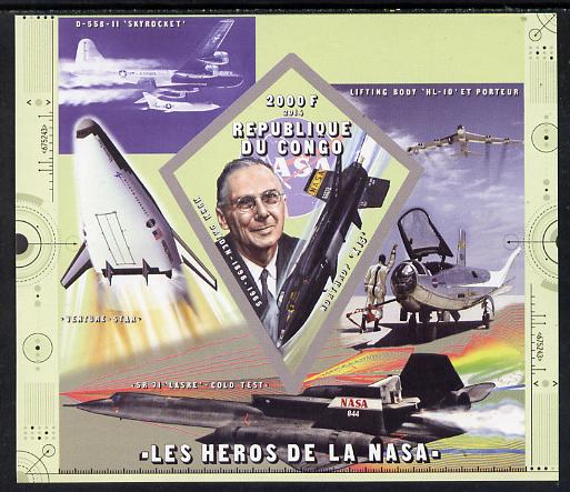 Congo 2014 Heroes of NASA - Hugh Dryden imperf sheetlet containing 4 values unmounted mint, stamps on space, stamps on personalities, stamps on rockets, stamps on satellites