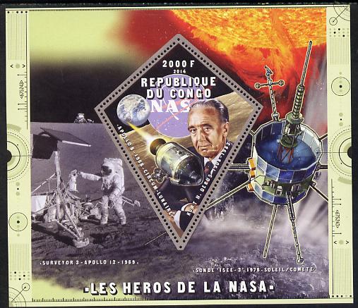 Congo 2014 Heroes of NASA - Kurt H Debus perf sheetlet containing 4 values unmounted mint, stamps on space, stamps on personalities, stamps on rockets, stamps on satellites