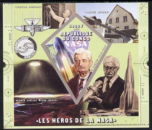 Congo 2014 Heroes of NASA - Hermann Oberth imperf sheetlet containing 4 values unmounted mint, stamps on space, stamps on personalities, stamps on rockets, stamps on satellites
