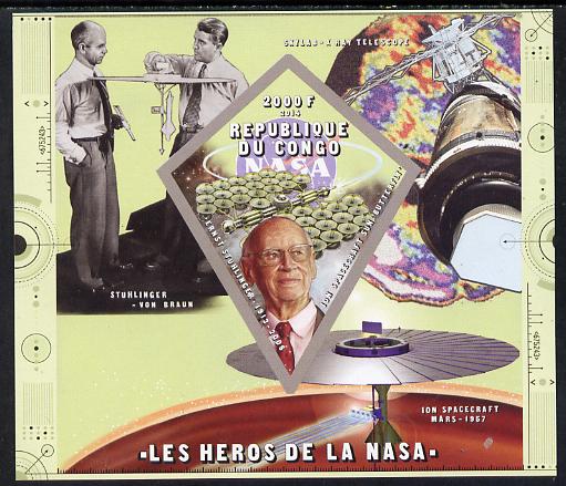 Congo 2014 Heroes of NASA - Ernst Stuhlinger imperf sheetlet containing 4 values unmounted mint, stamps on space, stamps on personalities, stamps on rockets, stamps on satellites