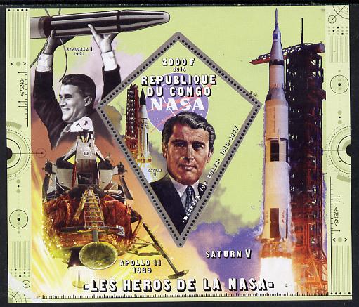 Congo 2014 Heroes of NASA - Werner Von Braun perf sheetlet containing 4 values unmounted mint, stamps on space, stamps on personalities, stamps on rockets, stamps on satellites