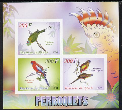 Djibouti 2014 Parrots imperf sheetlet containing 3 values unmounted mint , stamps on birds, stamps on parrots