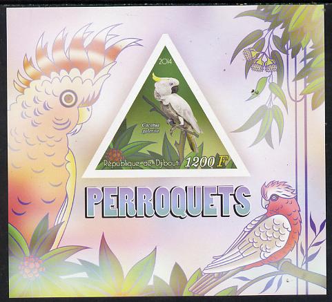 Djibouti 2014 Parrots imperf s/sheet containing one triangular-shaped value unmounted mint , stamps on birds, stamps on parrots, stamps on shaped, stamps on triangular