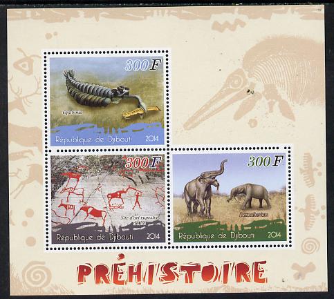 Djibouti 2014 Pre-historic perf sheetlet containing 3 values unmounted mint , stamps on dinosaurs
