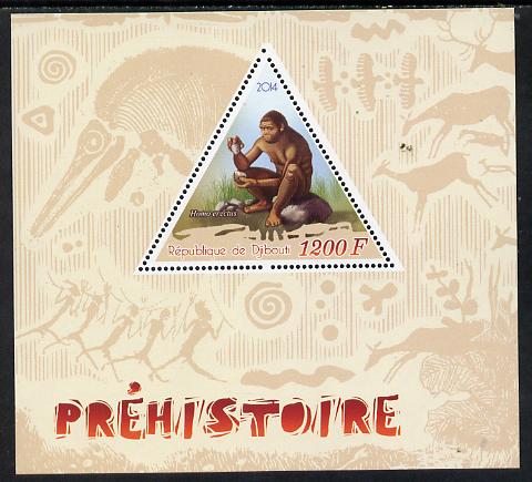 Djibouti 2014 Pre-historic perf s/sheet containing one triangular-shaped value unmounted mint , stamps on dinosaurs, stamps on shaped, stamps on triangular