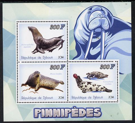 Djibouti 2014 Seals perf sheetlet containing 3 values unmounted mint , stamps on marine life, stamps on seals, stamps on 