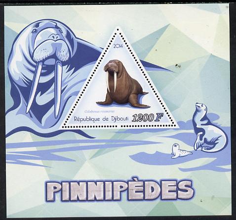 Djibouti 2014 Seals (Walrus) perf s/sheet containing one triangular-shaped value unmounted mint , stamps on marine life, stamps on seals, stamps on shaped, stamps on triangular