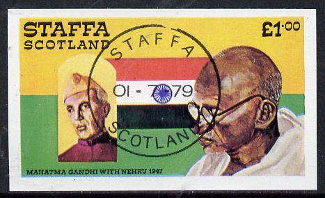 Staffa 1979 Gandhi imperf souvenir sheet cto used (Â£1 value) , stamps on personalities   flags    gandhi, stamps on  law , stamps on 