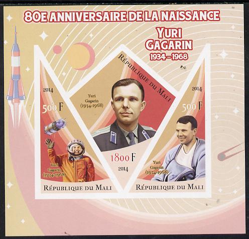 Mali 2014 80th Birth Anniversary of Yuri Gagarin imperf sheetlet containing 3 values (one diamond & two triangular shaped)unmounted mint , stamps on space, stamps on rockets, stamps on satellites, stamps on shaped, stamps on diamond, stamps on triangular, stamps on gagarin, stamps on personalities