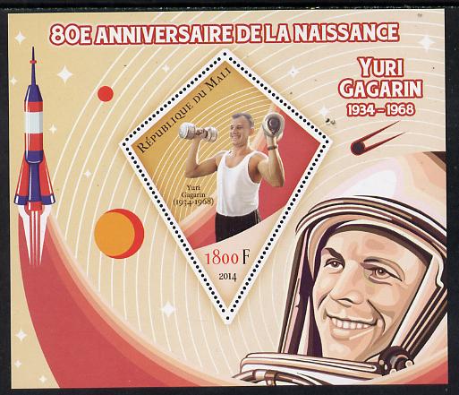 Mali 2014 80th Birth Anniversary of Yuri Gagarin perf s/sheet containing one diamond-shaped value unmounted mint , stamps on space, stamps on rockets, stamps on satellites, stamps on shaped, stamps on diamond, stamps on gagarin, stamps on personalities