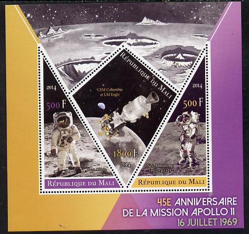 Mali 2014 45th Anniversary of Moon Landing perf sheetlet containing 3 values (one diamond & two triangular shaped)unmounted mint , stamps on space, stamps on rockets, stamps on apollo, stamps on shaped, stamps on diamond, stamps on triangular, stamps on 