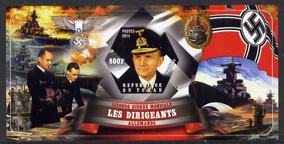 Chad 2014 Leaders in WW2 - Germany - Karl Donitz imperf s/sheet containing one hexagonal shaped value unmounted mint, stamps on personalities, stamps on  ww2 , stamps on shaped, stamps on ships, stamps on submarines, stamps on militaria