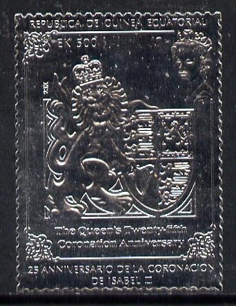 Equatorial Guinea 1978 Coronation 25th Anniversary 500ek embossed in silver foil (perf) unmounted mint, stamps on arms, stamps on heraldry    royalty      coronation