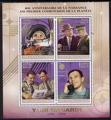 Madagascar 2014 80th Birth Anniversary of Yuri Gagarin perf sheetlet containing 4 values unmounted mint, stamps on personalities, stamps on space, stamps on gagarin