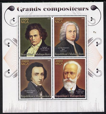 Madagascar 2014 Great Composers perf sheetlet containing 4 values unmounted mint, stamps on personalities, stamps on music, stamps on bach, stamps on beethoven, stamps on chopin, stamps on tchaikovsky, stamps on composers