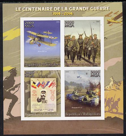 Madagascar 2014 Centenary of Start of First World War imperf sheetlet containing 4 values unmounted mint, stamps on militaria, stamps on  ww1 .aviation, stamps on tanks