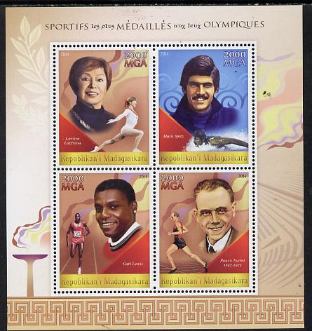 Madagascar 2014 Most Decorated Olympians perf sheetlet containing 4 values unmounted mint, stamps on personalities, stamps on olympics, stamps on swimming, stamps on running, stamps on  gym , stamps on gymnastics