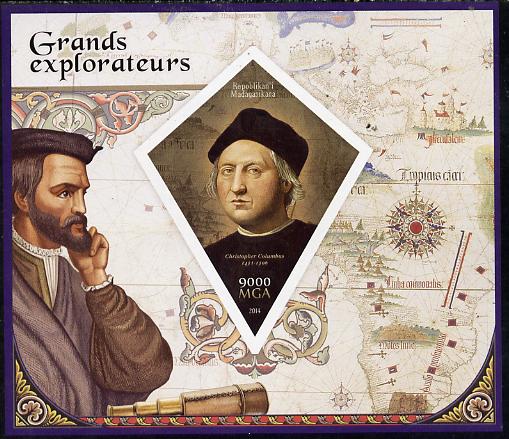 Madagascar 2014 Great Explorers imperf deluxe sheet containing one diamond shaped value unmounted mint, stamps on personalities, stamps on explorers, stamps on columbus, stamps on shaped, stamps on diamond