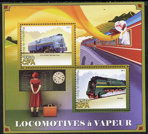 Benin 2014 Steam Locomotives perf sheetlet containing 2 values unmounted mint, stamps on railways, stamps on clocks