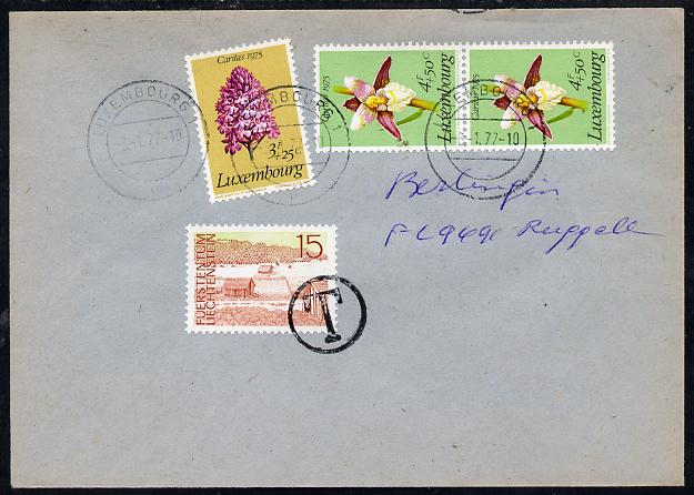 Luxembourg 1977 cover bearing 1975 Welfare Fund 3f Orchid & 2 x 4f Helleborine with Liechtenstein 15r used as postage due and cancelled T in circle, stamps on flowers    orchids