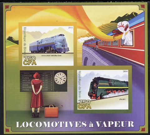 Benin 2014 Steam Locomotives imperf sheetlet containing 2 values unmounted mint, stamps on railways, stamps on clocks
