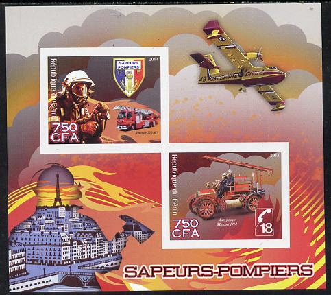 Benin 2014 Fire Fighting imperf sheetlet containing 2 values unmounted mint, stamps on fire, stamps on aviation, stamps on 