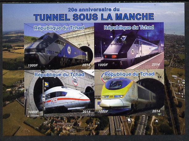 Chad 2014 20th Anniversary of Channel Tunnel imperf sheetlet containing 4 values unmounted mint. Note this item is privately produced and is offered purely on its thematic appeal. . , stamps on railways, stamps on 
