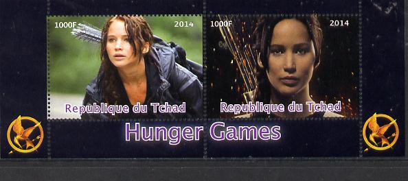 Chad 2014 Hunger Games #1 perf sheetlet containing 2 values unmounted mint. Note this item is privately produced and is offered purely on its thematic appeal. . , stamps on , stamps on  stamps on films, stamps on  stamps on cinema, stamps on  stamps on movies, stamps on  stamps on archery