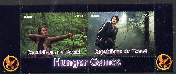 Chad 2014 Hunger Games #2 perf sheetlet containing 2 values unmounted mint. Note this item is privately produced and is offered purely on its thematic appeal. . , stamps on films, stamps on cinema, stamps on movies, stamps on archery