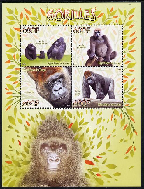 Congo 2014 Gorillals perf sheetlet containing 4 values unmounted mint, stamps on , stamps on animals, stamps on apes, stamps on primates, stamps on gorillas