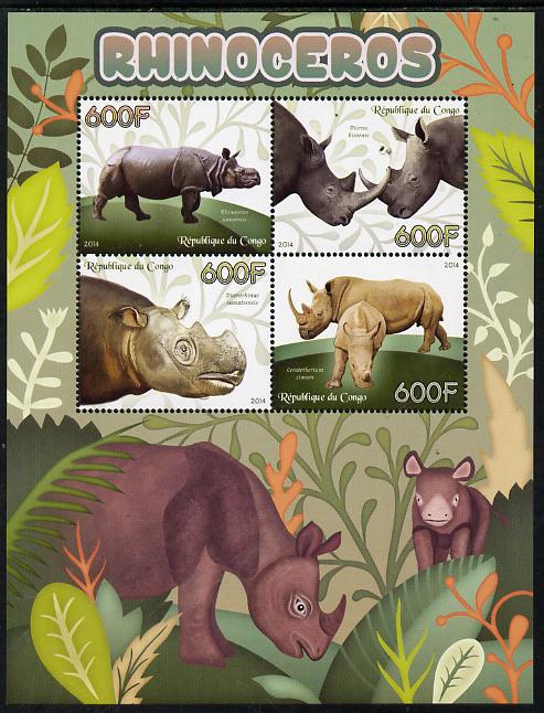 Congo 2014 Rhinos perf sheetlet containing 4 values unmounted mint, stamps on , stamps on animals, stamps on rhinos