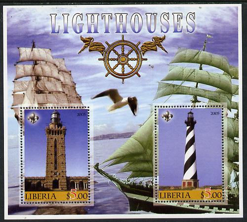 Liberia 2005 Lighthouses perf sheetlet containing 2 values unmounted mint (slight wrinkle in corner), stamps on , stamps on  stamps on lighthouses, stamps on  stamps on ships, stamps on  stamps on 