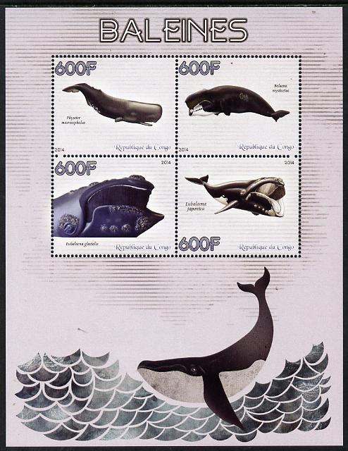 Congo 2014 Whales perf sheetlet containing 4 values unmounted mint, stamps on animals, stamps on marine, stamps on whales