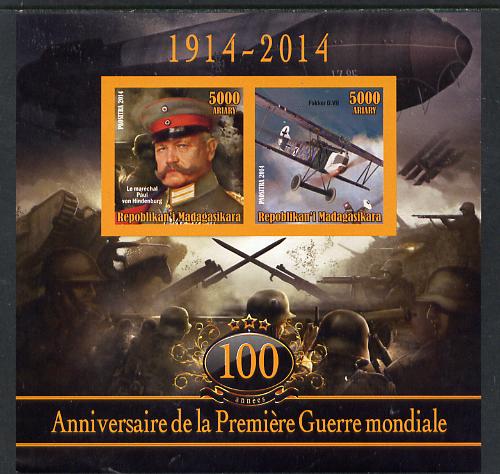 Madagascar 2014 Centenary of Start of WW1 #1 imperf sheetlet containing two values unmounted mint, stamps on militaria, stamps on  ww1 , stamps on aviation