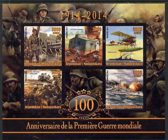 Madagascar 2014 Centenary of Start of WW1 #5 imperf sheetlet containing five values unmounted mint, stamps on militaria, stamps on  ww1 , stamps on aviation, stamps on ships, stamps on 