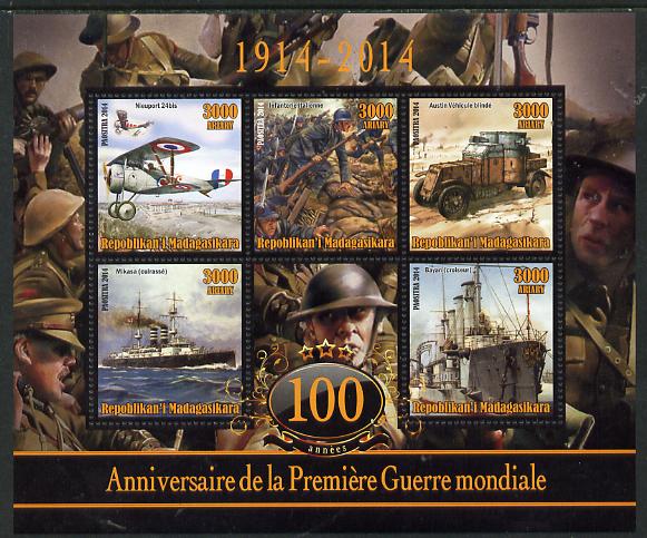 Madagascar 2014 Centenary of Start of WW1 #6 perf sheetlet containing five values unmounted mint, stamps on militaria, stamps on  ww1 , stamps on aviation, stamps on ships, stamps on 