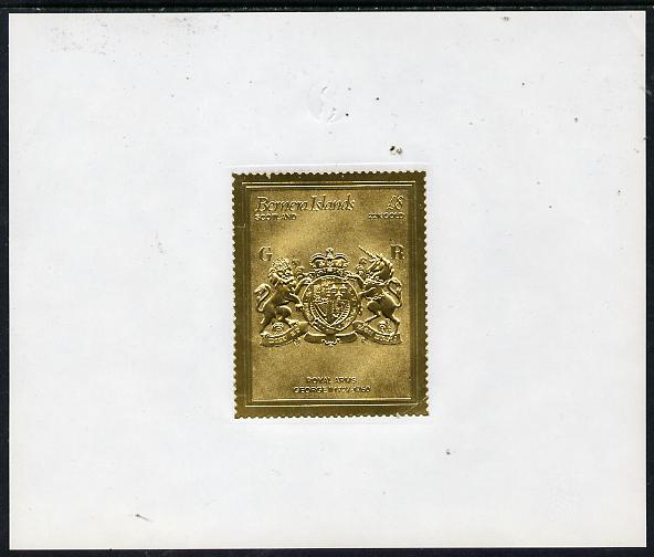 Bernera 1982 Royal Arms \A38 George II embossed in 22k gold foil self-adhesive proof unmounted mint , stamps on cinderellas, stamps on royalty, stamps on arms, stamps on selfadhesive