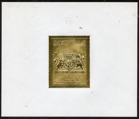 Bernera 1982 Royal Arms \A38 William III & Mary II embossed in 22k gold foil self-adhesive proof unmounted mint , stamps on cinderellas, stamps on royalty, stamps on arms, stamps on selfadhesive