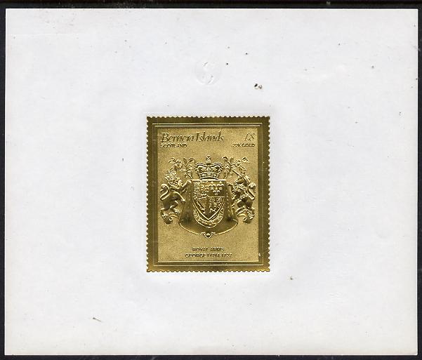 Bernera 1982 Royal Arms \A38 George I embossed in 22k gold foil self-adhesive proof unmounted mint , stamps on cinderellas, stamps on royalty, stamps on arms, stamps on selfadhesive