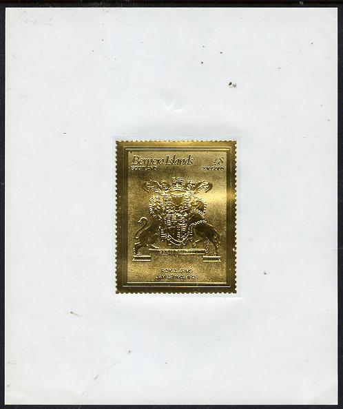Bernera 1982 Royal Arms \A38 James I embossed in 22k gold foil self-adhesive proof unmounted mint , stamps on cinderellas, stamps on royalty, stamps on arms, stamps on selfadhesive