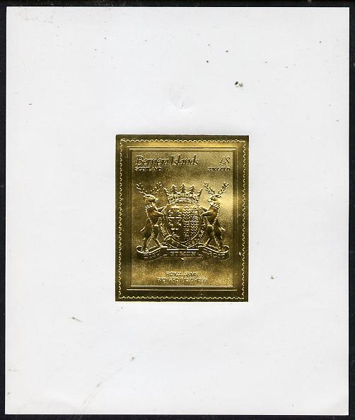 Bernera 1982 Royal Arms \A38 Richard II embossed in 22k gold foil self-adhesive proof unmounted mint , stamps on cinderellas, stamps on royalty, stamps on arms, stamps on selfadhesive