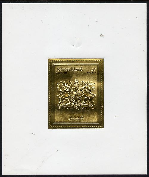 Bernera 1982 Royal Arms \A38 Anne embossed in 22k gold foil self-adhesive proof unmounted mint , stamps on cinderellas, stamps on royalty, stamps on arms, stamps on selfadhesive