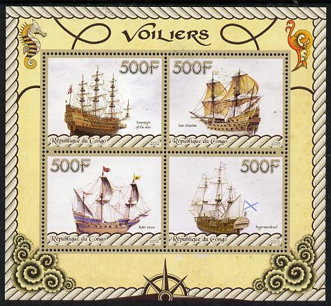 Congo 2015 Sailing Ships perf sheetlet containing set of 4 values unmounted mint, stamps on ships