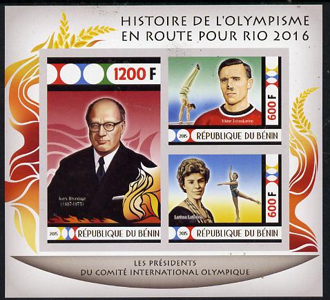 Benin 2015 Olympic History on Route to Rio 2016 #1 imperf sheetlet containing 3 values unmounted mint, stamps on olympics, stamps on  gym , stamps on gymnastics