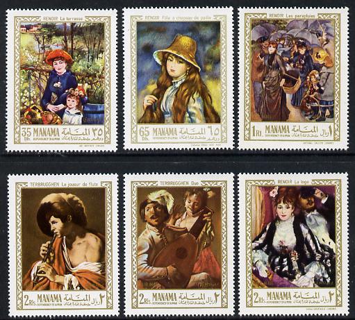 Manama 1967 Paintings by Renoir perf set of 6 unmounted mint, Mi 56-61A, stamps on arts, stamps on renoir, stamps on umbrellas, stamps on music